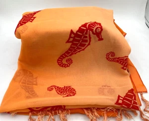 Absolutely Beautiful Large Orange w/Red Seahorse Pattern Scarf Wrap - Picture 1 of 4