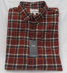 MEN'S MARKS AND SPENCER RED / TAN MIX BRUSHED PURE COTTON CHECK SHIRT SIZE 2XL - Picture 1 of 9