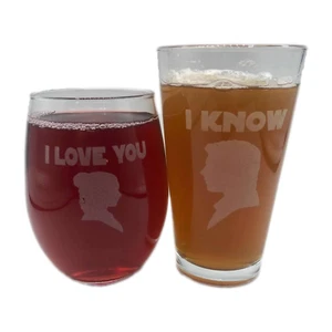 Juego de 2 copas de vino I LOVE YOU I KNOW Star Wars + Hans Solo Princess Leia   - Imagen 1 de 2
