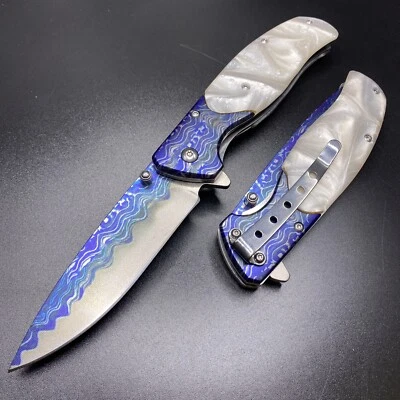 Дамаск стиль мрамор белый карман складной нож охоты кемпинг подарки 8» открытый - Изображение 1 из 4