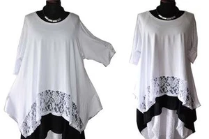 Lagenlook A-Linie-Oversize-Zipfel-Tunika mit Spitze weiss XL,XXL,XXXL - Bild 1 von 5