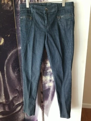 Pantalones de mezclilla elásticos ajustados lavados oscuros CACHE para mujer con bolsillos con cremallera talla 12 YJ01 Foto 1 de 4