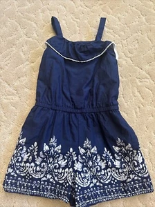 Janie & Jack Girls Navy Blue Romper 8 Batik ruffle white one piece 4th of july - Picture 1 of 7