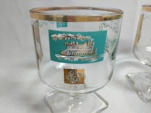 Set of 4 Pedestal Glasses Teal Gold Design Ships Steam Boat Paddle Riverboat Bar - Picture 1 of 9