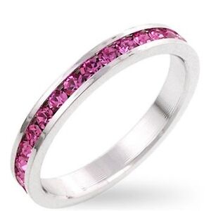 Silver Eternity Ring Band Size 9 Pink Cubic Zirconia Stackable Plated 