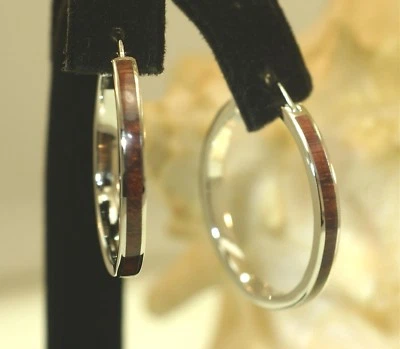 PENDIENTES ARO MADERA KOA HAWAIANO CON INCRUSTACIONES DE PLATA DE LEY 925 CHAPADOS EN RODIO 30,5 MM Foto 1 de 4