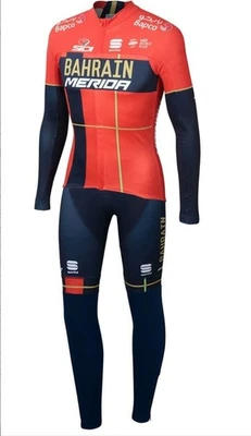 Conjunto de camiseta y babero de manga larga de ciclismo térmico azul y rojo Bahrein Mérida 2019 Foto 1 de 2