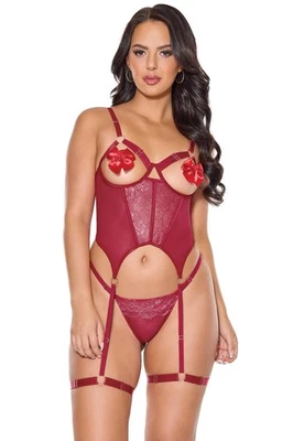 Coquette Metálico Vieira Encaje Tazas Abiertas Bustier Rojo/Plateado Foto 1 de 3