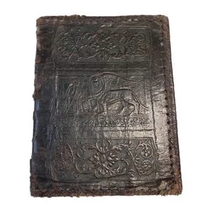 Antique Rare Tooled Brown Leather Book Bible Cover Lion of St. Mark Late 1800s - Picture 1 of 15