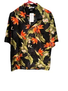 Pacific Legend Hawaiian Shirt Mens Sz L Black Bird of Paradise Plumeria Floral - Picture 1 of 12
