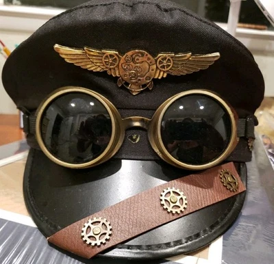 Steampunk WWII Halloween Costume Hat Goggles Attached Natzi Accessory - Image 1 of 4