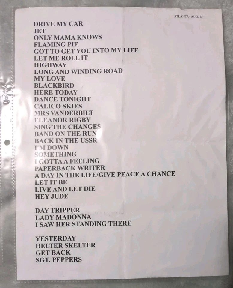 RARO Paul McCartney Setlist Atlanta, GA 15 de agosto de 2009 "The Green Concert" Foto 1 de 2