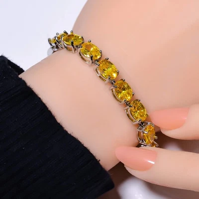 Yellow Sapphire Simulated Gemstone 925 Sterling Silver Tennis Bracelet 7.99" B85 - Image 1 of 4