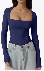 Sexy Blusa Top Body Manga Larga Cuello Cuadrado QINSEN Talla M - Imagen 1 de 8