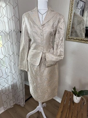 Terno saia Adrianna 2 peças feminino tamanho 8 seda champanhe frisado formal de negócios - Imagem 1 de 4