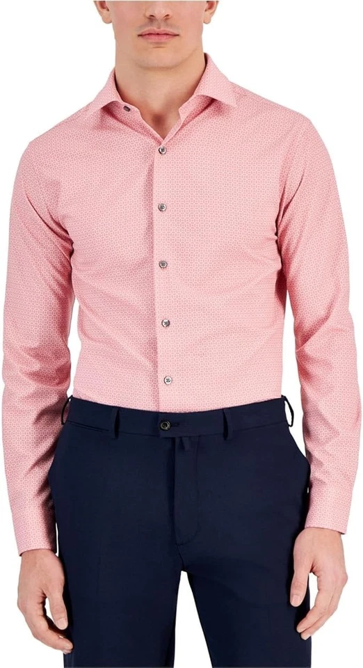 ALFANI Slim Fit Dress Patterned Shirt Pink 15 15.5 in 34 35