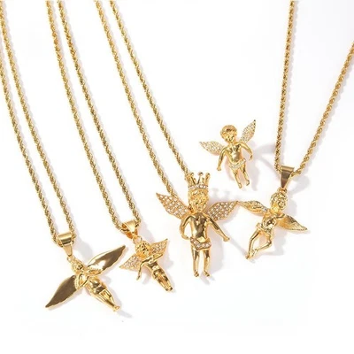 HIP HOP ÁNGEL QUERUBÍN Colgante Collar CONJUNTO CIRCONITA CÚBICA Piedras Cuerda/Cadena Cubana Oro Plata Foto 1 de 4