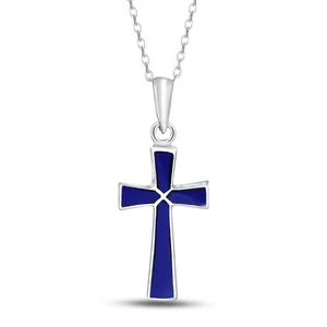 Minimalism Christian Cross Blue Lapis-Lazuli Sterling Silver Necklace - Picture 1 of 7