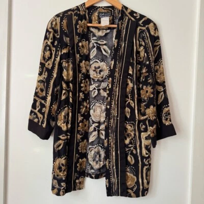 Vintage 90s Brown Kimono Jacket Sz M Floral Layer Boho Artsy Earthy Rayon USA - Image 1 of 4