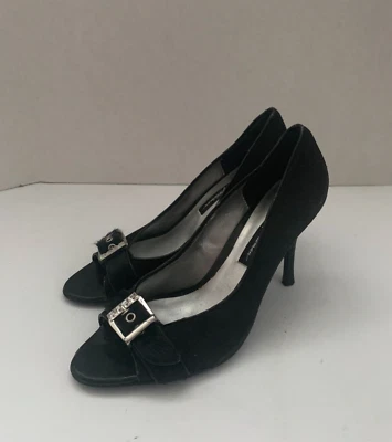 Beverly Feldman Women's Size 8M Shoes Black Suede Peep Toes Evening Buckle 3.5" - Image 1 of 4
