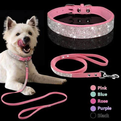 Bling Rhinestone Suede Pet Dog Collar & Leash Diamante Adjustable for Dog XS S M - image 1 of 4