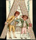  large  A, two boys in blue stand carrying flowers, R. Tuck, Christmas, die cut