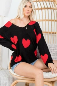Black Red Multi Heart Knit V-Neck Valentines Day Long Sleeve Relaxed Sweater - Picture 1 of 10