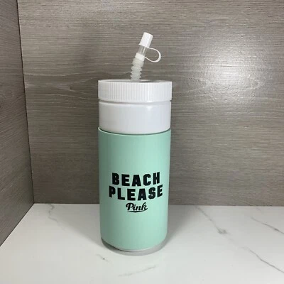 Victorias Secret Rosa Retro Botella de Agua “Playa por favor” Verde Aislado 32 OZ Foto 1 de 4