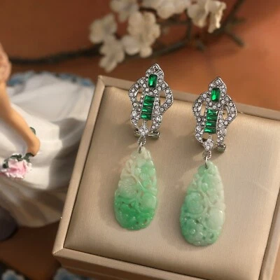 Ohrringe Clip On Silber Blumen- Jade Tropf Geschnitzt Grün Weiß QD5 - Bild 1 von 4