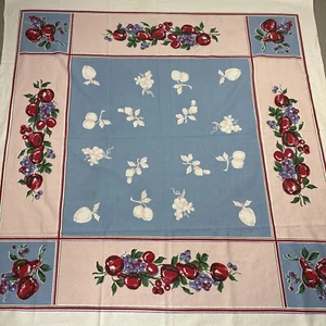 "Mantel de frutas colorido MCM vintage con borde borde 48x50"" borde rosa azul" - Imagen 1 de 7