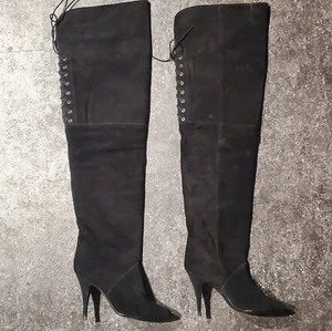 Thigh-high, black, all suede boots with stiletto heel - Sz 8M - Picture 1 of 4