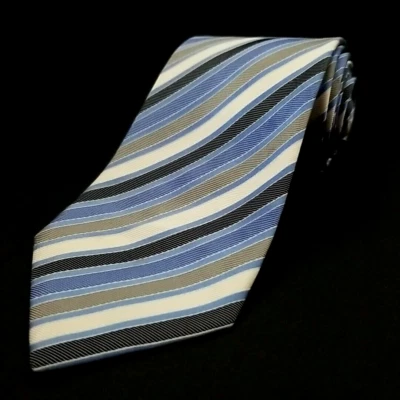 Corbata estrecha de lujo Geoffrey Beene azul blanco gris a rayas seda 58" x 3,5" Foto 1 de 4