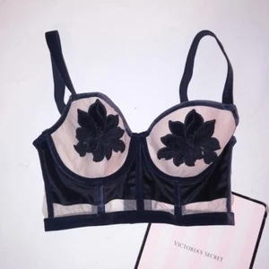 Victoria Secret Bra 36C Lined Demi Black Beige Velvet Applique Long Line - Picture 1 of 4