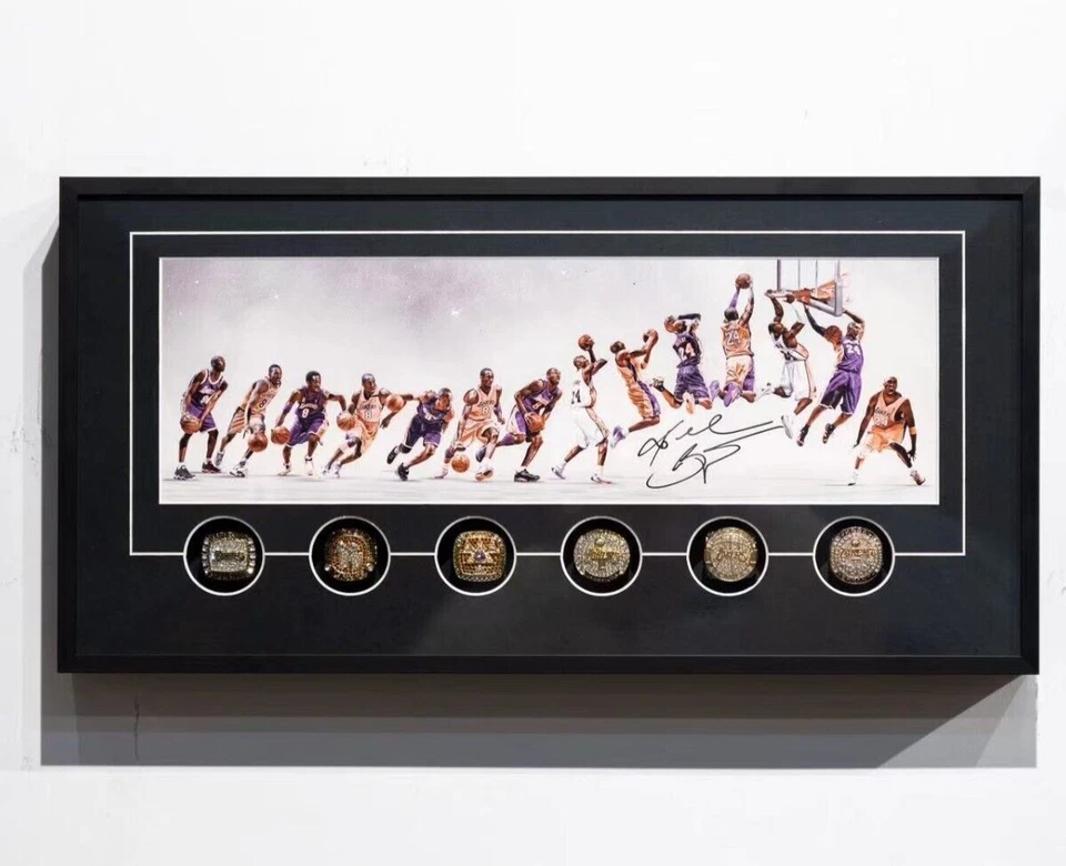 Póster enmarcado Kobe Bryant decoración de arte de pared con 6 réplicas de anillos conjunto de exhibición Foto 1 de 4