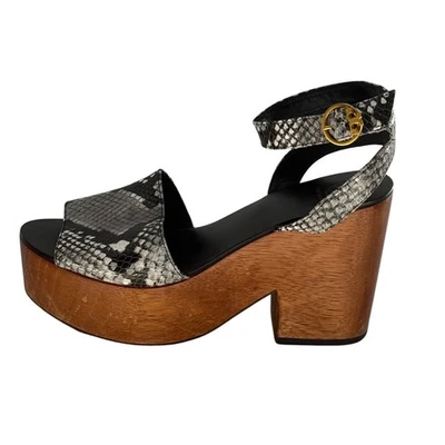 Tacones Tory Burch Camilla Plataforma Serpiente Cuero Repujado Madera 7.5 Negro Blanco Foto 1 de 4