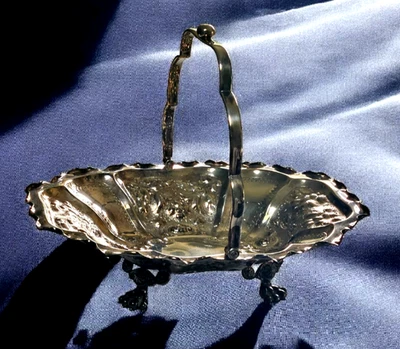 Silverplate Floral Repousse Crimped Edge Handle Clawfoot 12" Basket/Bowl/Dish - Image 1 of 4