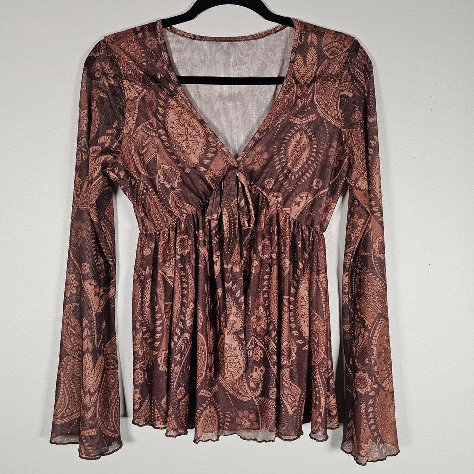 Top Babydoll Mujer Mediano Y2K Malla Transparente Marrón Paisley Hada Capricho Elástico Foto 1 de 4