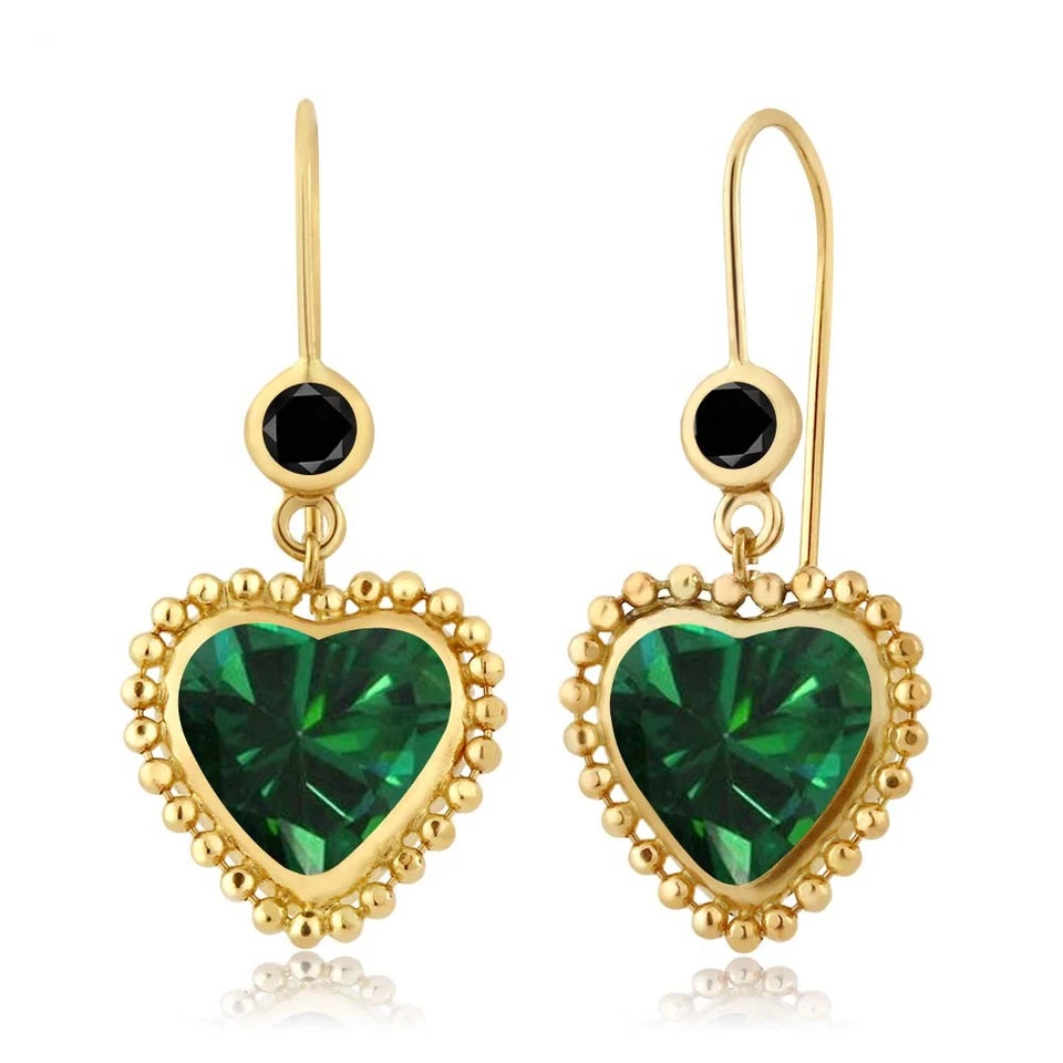 3.50 Ct Heart Shape Simulated Emerald Black Diamond 14K Yellow Gold Earrings - Image 1 of 1