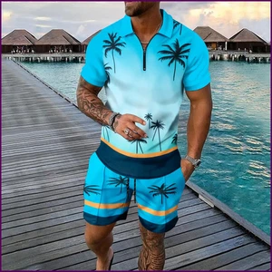 Fashion 3D Coconut Tree Print Men's Sets Short Sleeve Polo Shirts Shorts 2 Piece - Picture 1 of 46