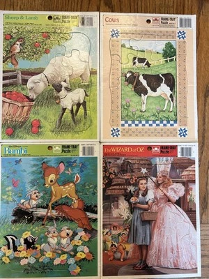 Lote de 4 rompecabezas bandeja marco dorado vintage Mago de Oz, Bambi, vacas, ovejas/cordero Foto 1 de 2