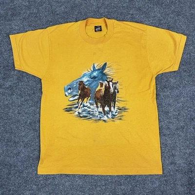 Camisa masculina vintage Fruit of the Loom gráfica L cavalos amarelos anos 80 EUA ponto único - Imagem 1 de 4