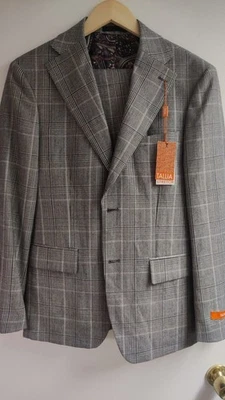 Tallia 36S 32W Gris Cuadros Ventana Delgado Elástico Lana Suave Sastrería Solapa Ancha Foto 1 de 4