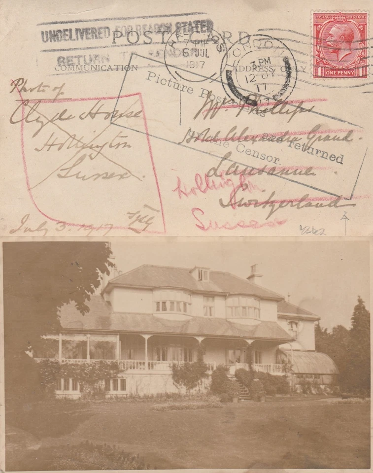 GB to Switzerland GV 1d UNDELIVERABLE PICTURE POSTCARD RETURNED BY CENSOR 1917 - Image 1 of 1