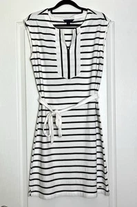 Tommy Hilfiger Women’s Sleeveless Black White Stripe Dress Size M V Neck W/ Belt - Picture 1 of 5