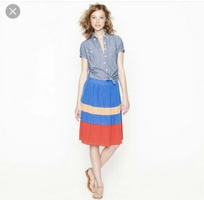 J. CREW Women 100% Silk Pleated A-Line Mini Skirt Colorblock Blue Orange  Sz 4 - Image 1 of 4