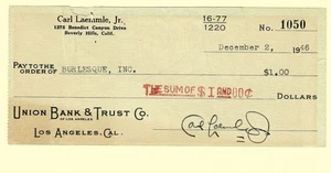 CHECK SIGNED by CARL LAEMMLE, JR. Universal Studio Head - Dracula, Frankenstein - Picture 1 of 1