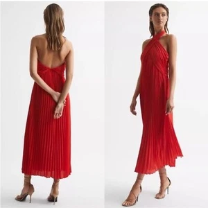 NWOT REISS ROYA HALTER NECK PLEATED RED MIDI DRESS sz 4 - Picture 1 of 8