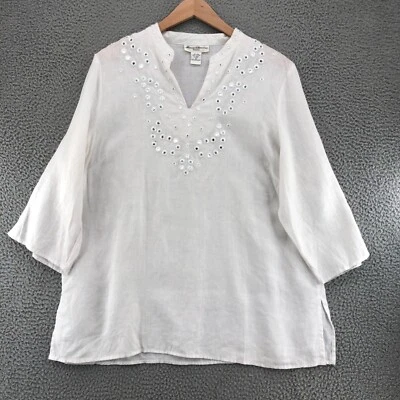 Marisa Christina Top Womens 1X Plus White Linen Long Sleeve Tunic Embroidered - Image 1 of 4