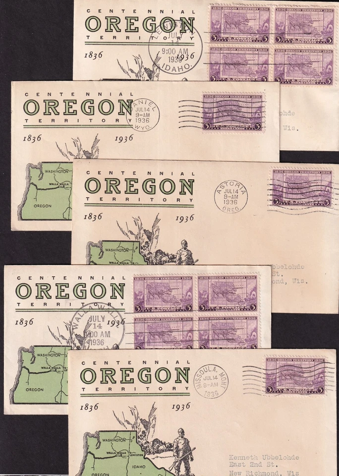 1936 Oregon Territory 100th Sc 783-7 FDCs Linprint cachets all 5 cities (T7 - Image 1 of 1