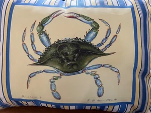 SET Of TWO "Blue Crab" Decorative Pillows w/Multi Stripes~Art by R. B. Hamilton - Picture 1 of 8